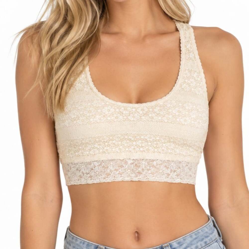 Cream Floral Lace Racerback Bralette Scoop Neck Crop Top Ivory